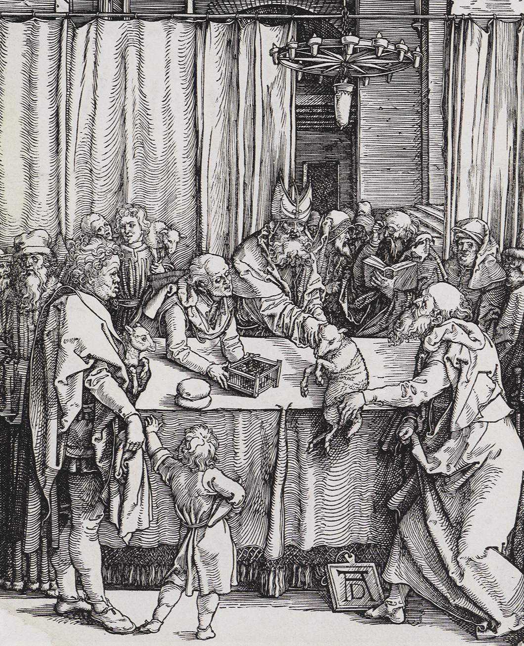 Die Zeichnung zeigt eine Gruppe von Menschen, die sich stehend um einen Tisch versammeln.