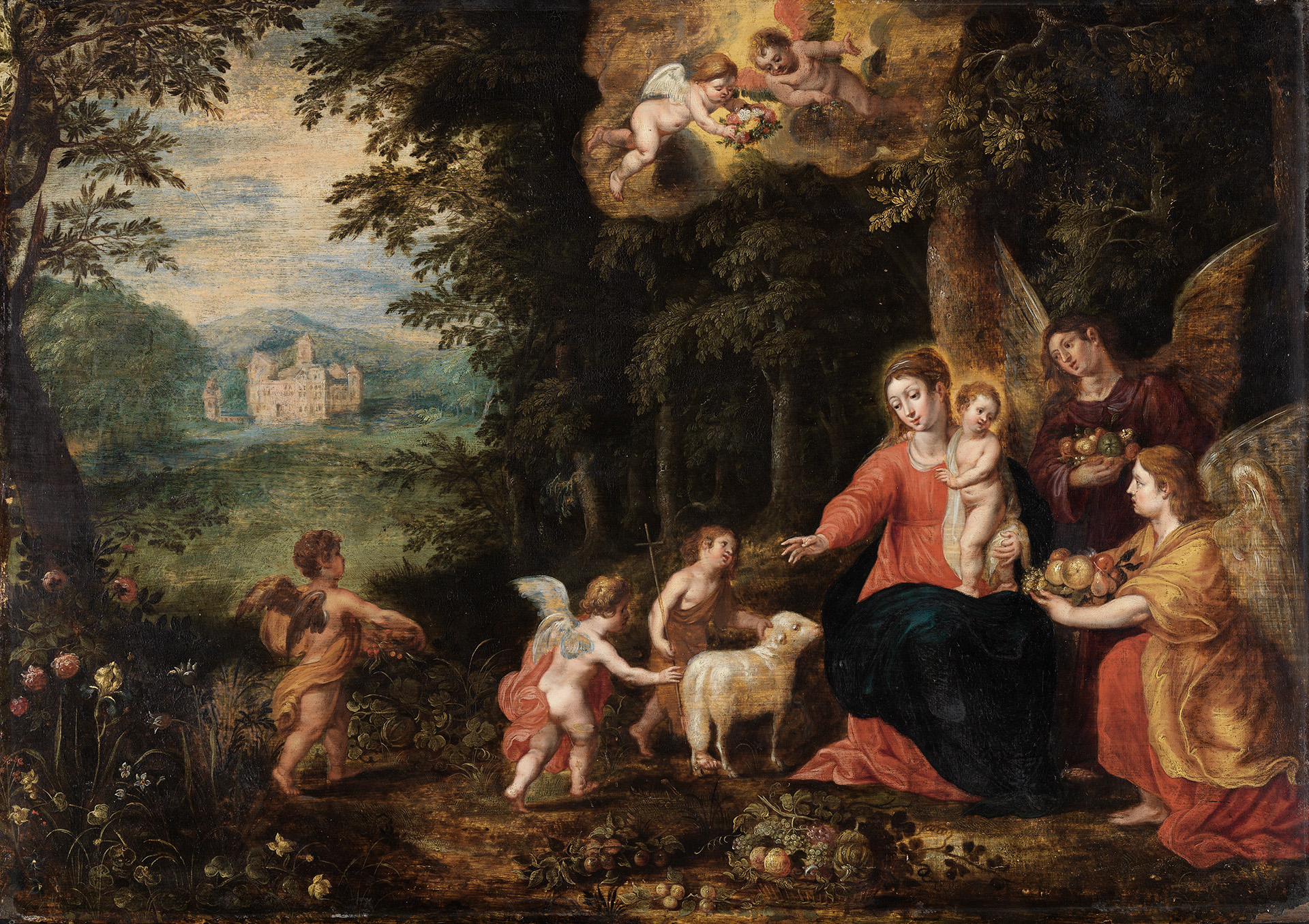 Ölgemälde Maria mit dem Kinde, dem Johannesknaben und Engeln in einer Waldlandschaft von Hendrik van Balen - Werkstatt oder Umkreis