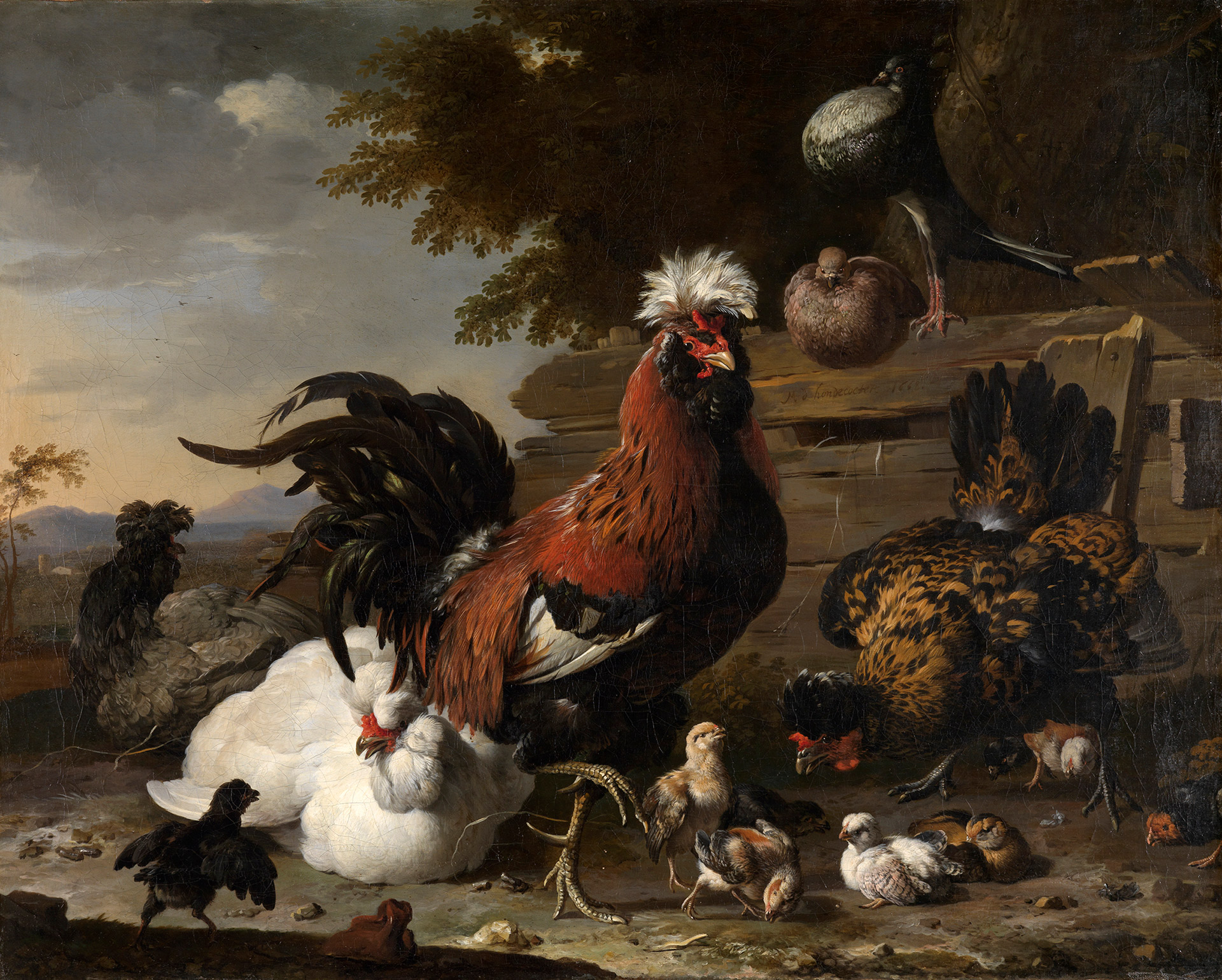 Ölgemälde von Melchior de Hondecoeter mit einem prächtigen Hahn umringt von Hennen und Küken