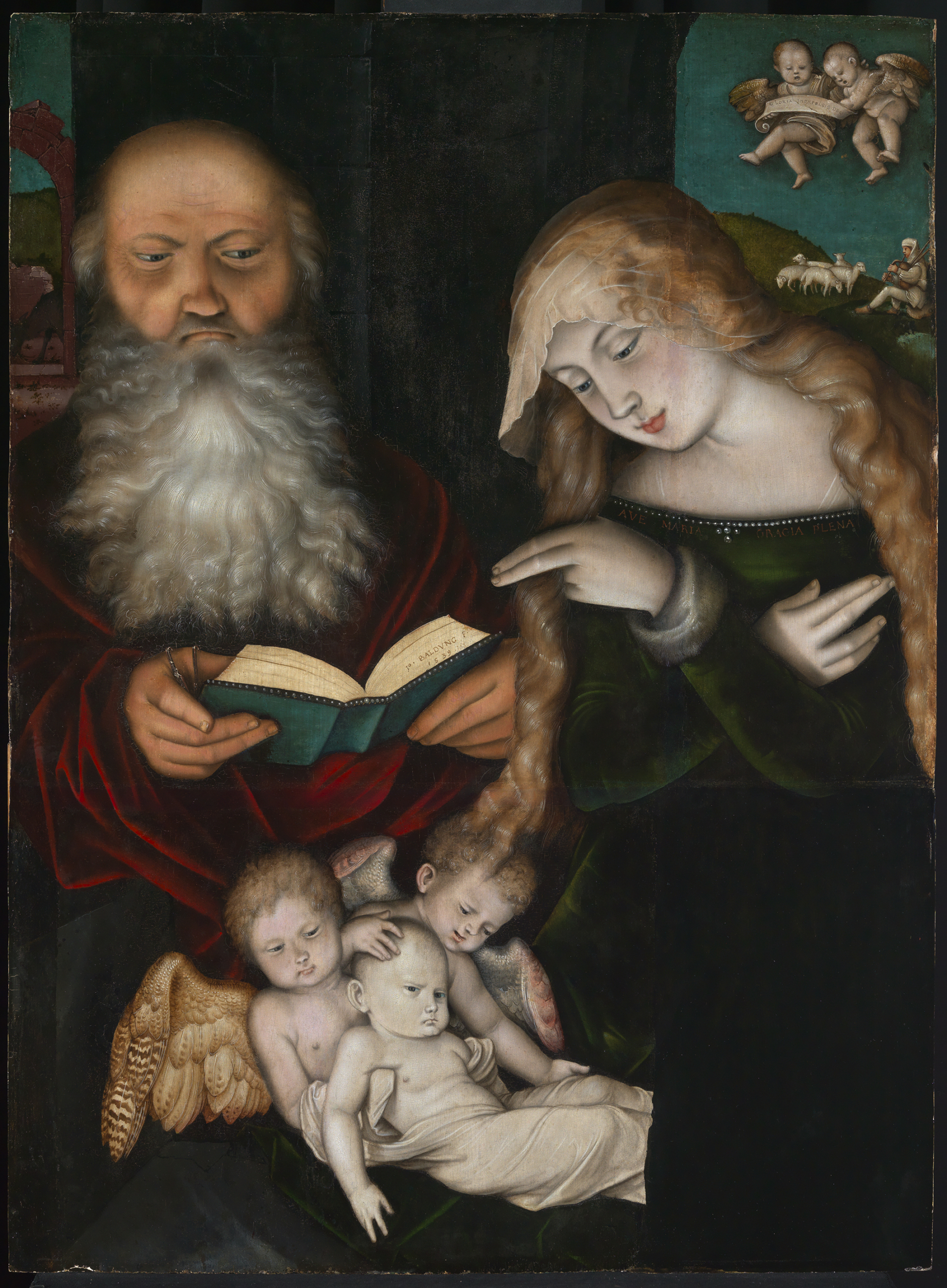 Abbildung des Gemäldes "Geburt Christi" von Hans Baldung. Zu erkennen sind Maria und Josef, sowie zwei Engel und das Jesuskind.