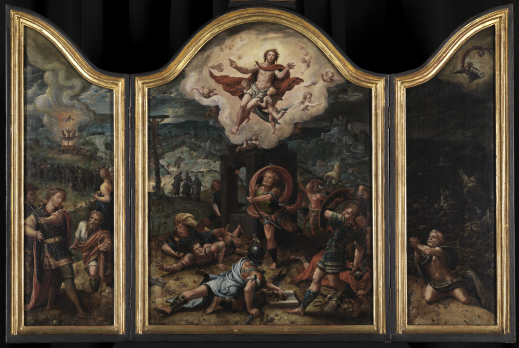 Abbildung eines Flügelaltars, der die Auferstehung Christi und alttestamentarische Vorbilder zeigt.