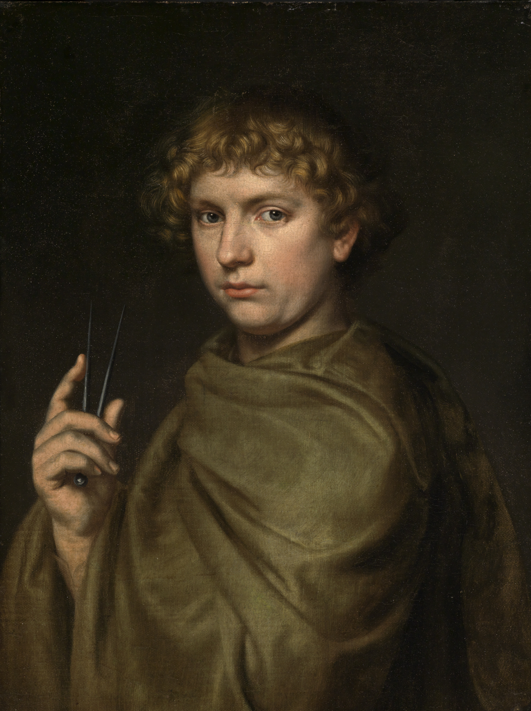 Das Werk zeigt einen jungen Architekten in einem grünen Mantel und mit lockigem, kurzen Haar. In der Hand hält er vermutlich einen Zirkel.