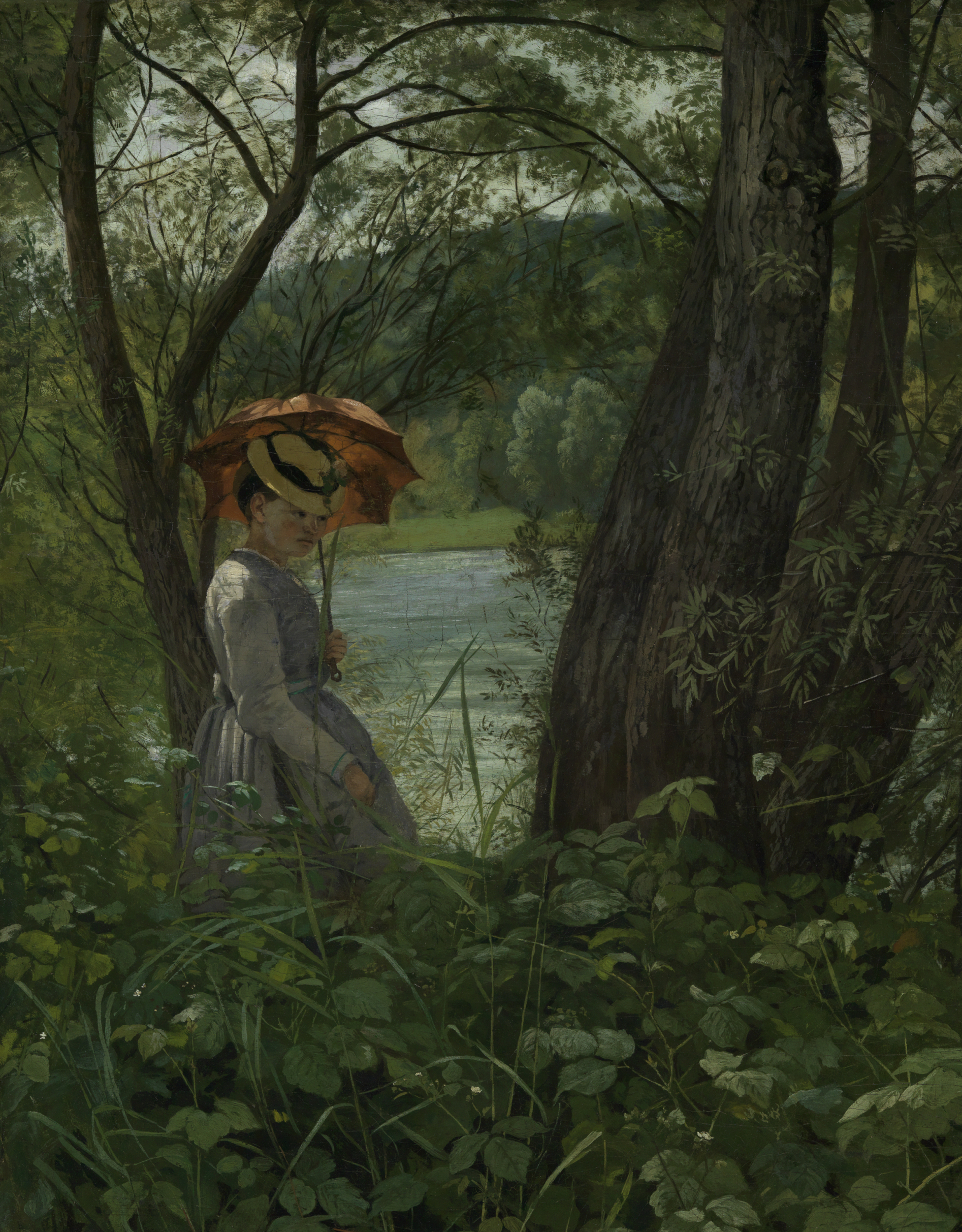 Abbildung des Gemäldes "Im Sonnenschein". Man sieht eine junge Frau mit einem Sonnenschirm, umgeben von Wald. Im Hintergrund ist ein See zu erkennen.
