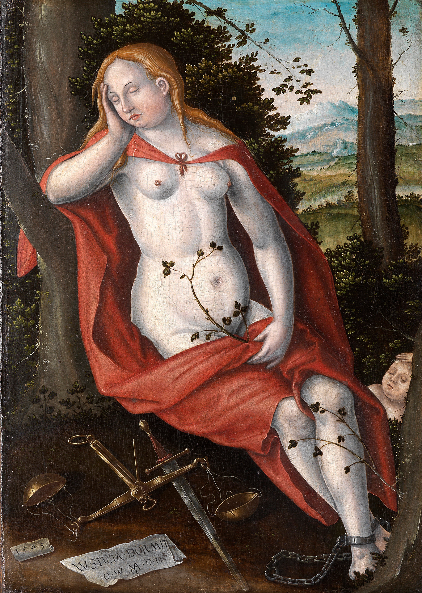 Abbildung einer in der Natur im sitzen schlafenden Frau im roten Gewand und Fußfessel