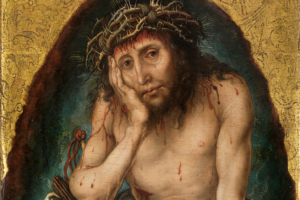 Das Gemälde "Christus als Schmerzensmann" zeigt einen Mann mit nacktem und blutigem Oberkörper und Dornenkrone. Der Kopf wird der Hand gestützt.