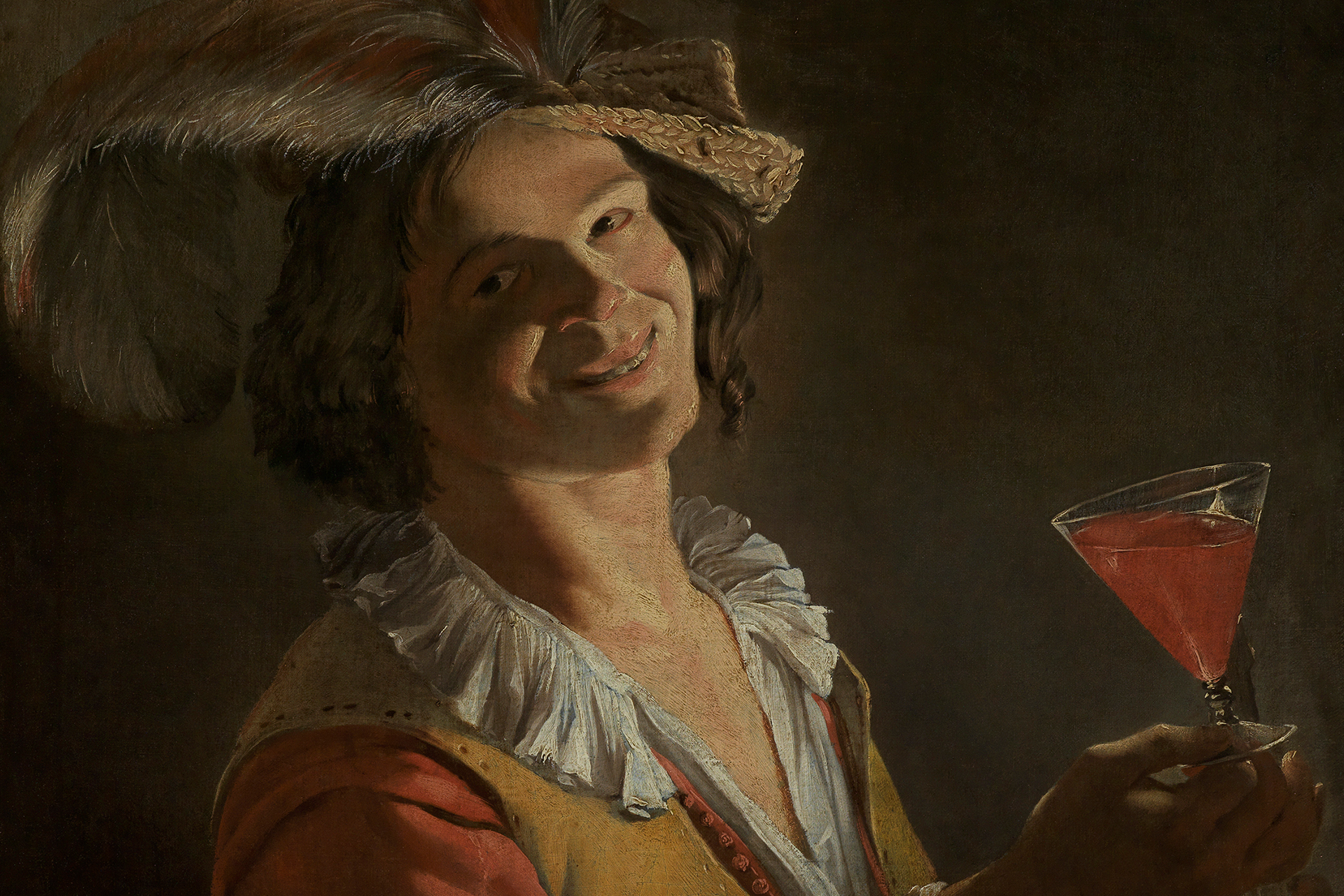 Der Ausschnitt des Gemäldes zeigt einen lachenden Zecher mit Weinglas, der lächelt und den Betrachter*innen zuprostet.