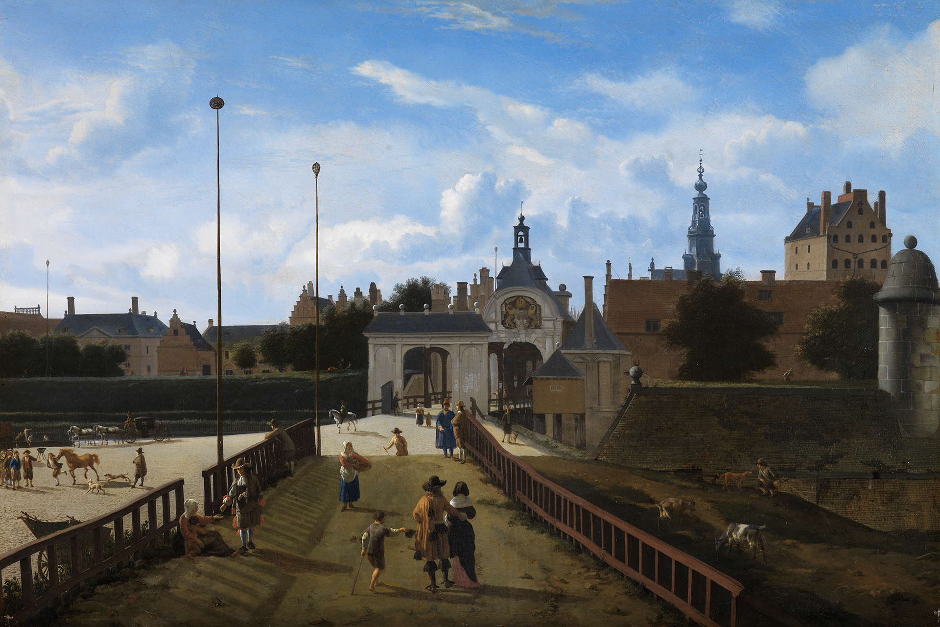 Gemälde einer historischen Ansicht des Antonispoort mit Menschen im Vordergrund und blauem Himmel