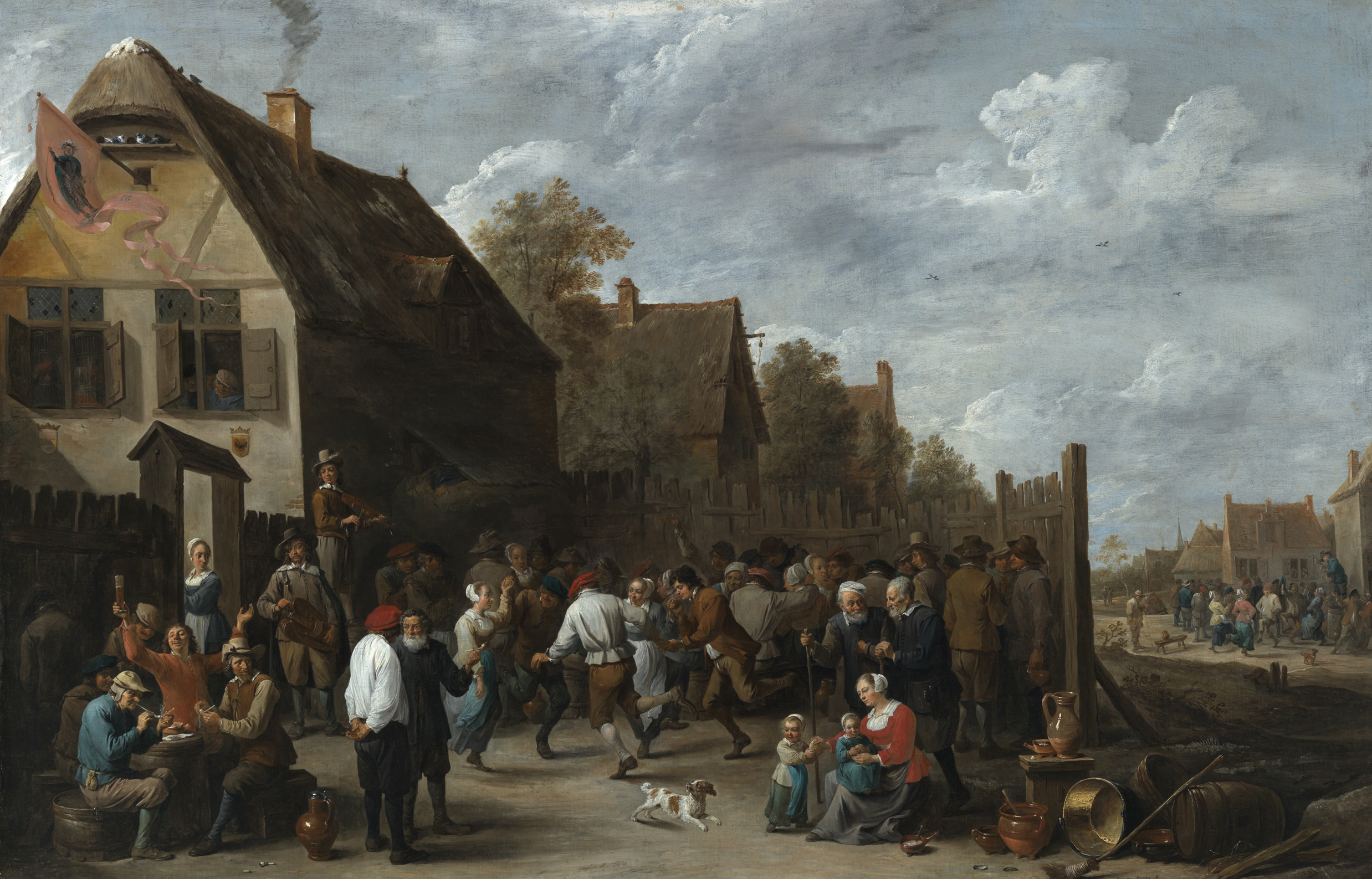 Abbildung des Gemäldes Dorffest von David Teniers, das feiernde Menschen zeigt.