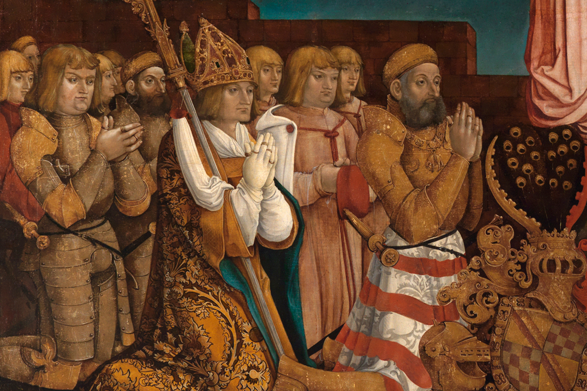 Ausschnitt eines Gemäldes von Hans Baldung, auf dem unter anderem Ritter in goldener Rüstung zu sehen sind.