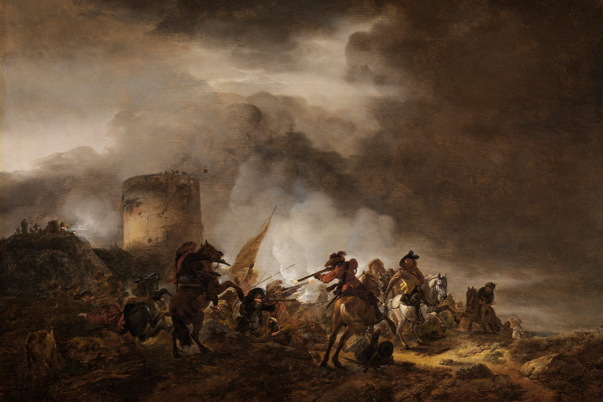 Abbildung des Gemäldes "Kampf zwischen Reitern und Fußvolk vor einer Befestigungsanlage", auf dem selbiges zu sehen ist.