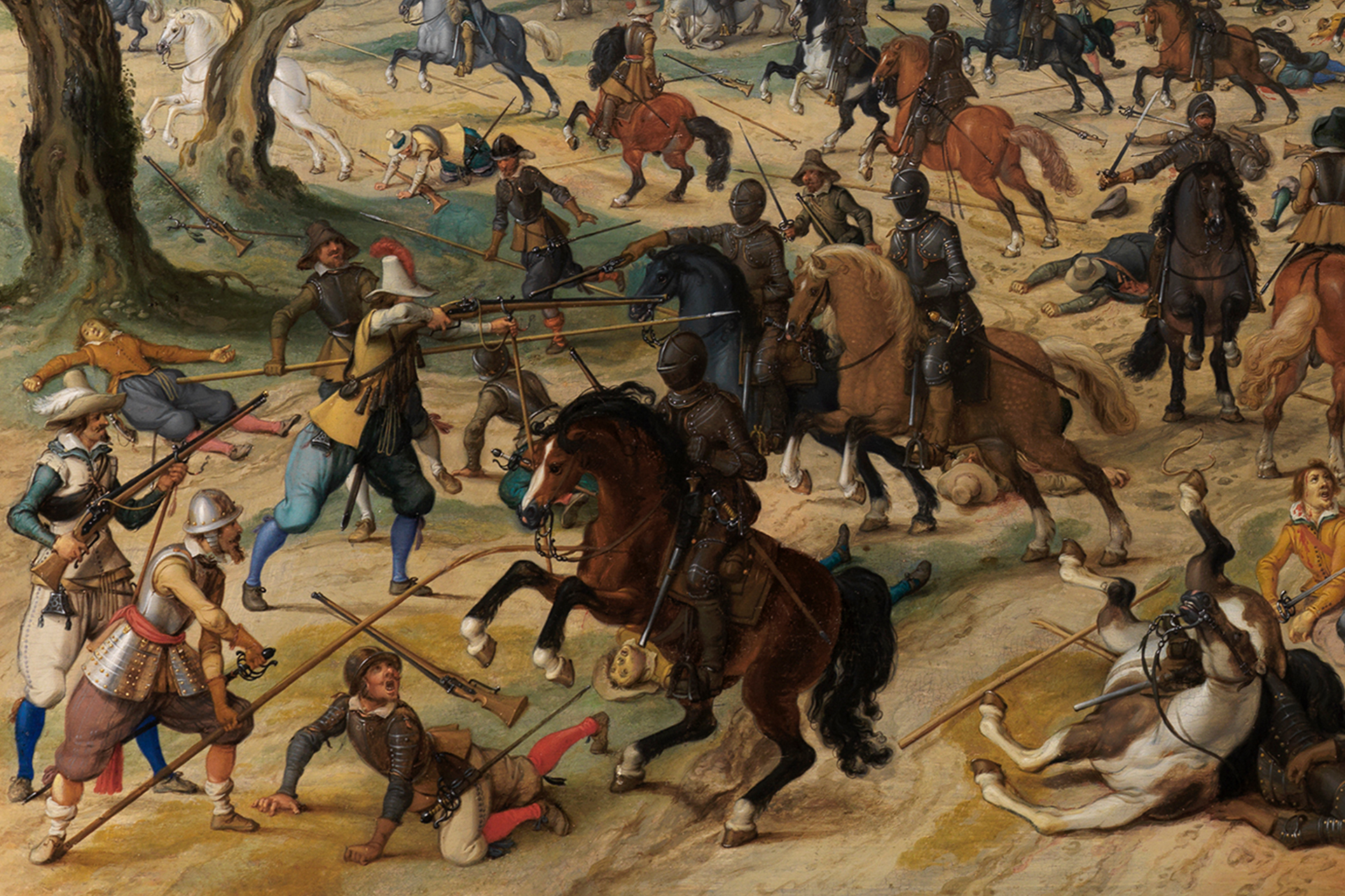 Detailansicht des Überfalls auf einen Geleitzug. Man sieht Pferde und kämpfende Männer.