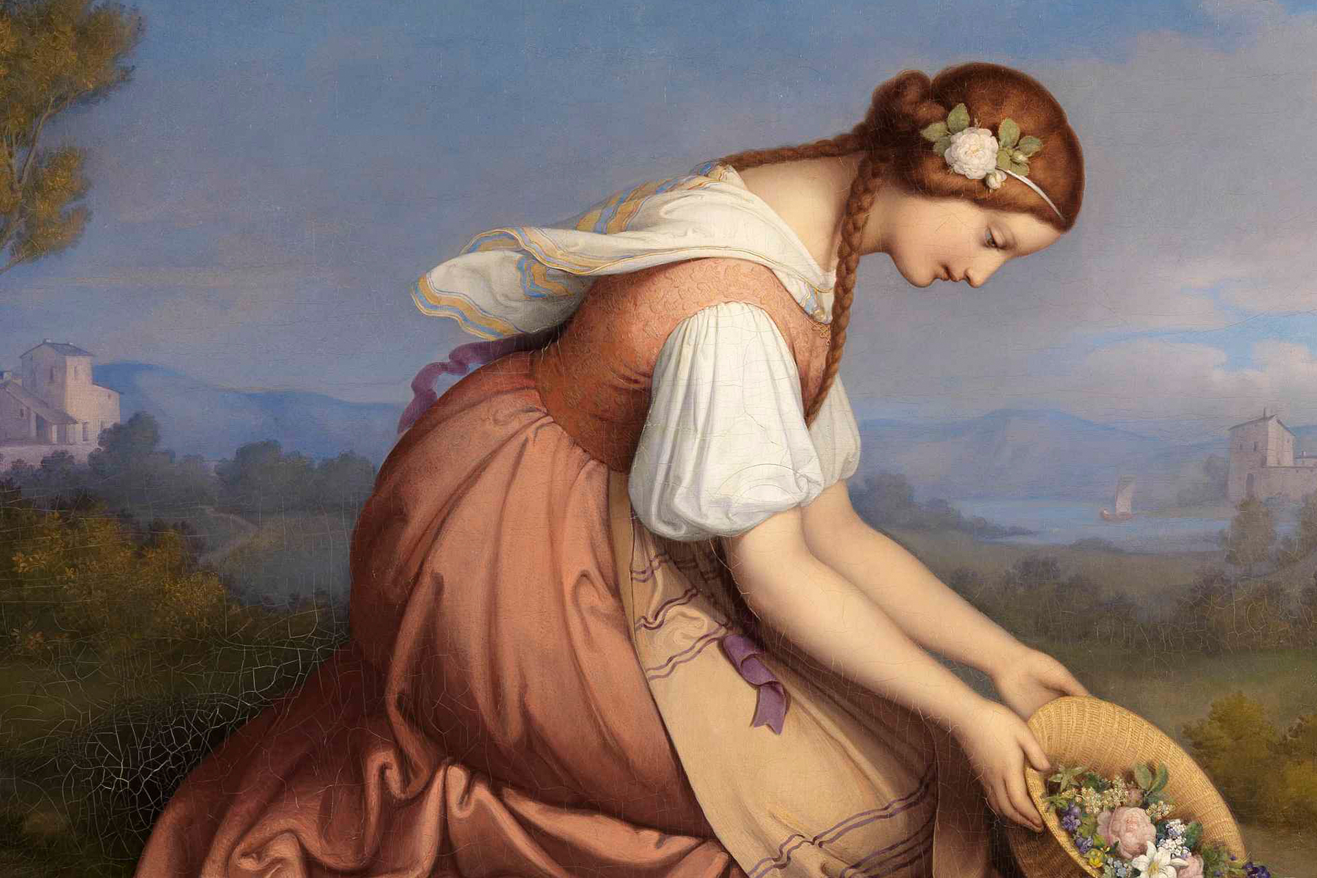 Abbildung eines Gemäldes von einem knienden Mädchen, das gerade einen Blumenkorb ausschüttet.