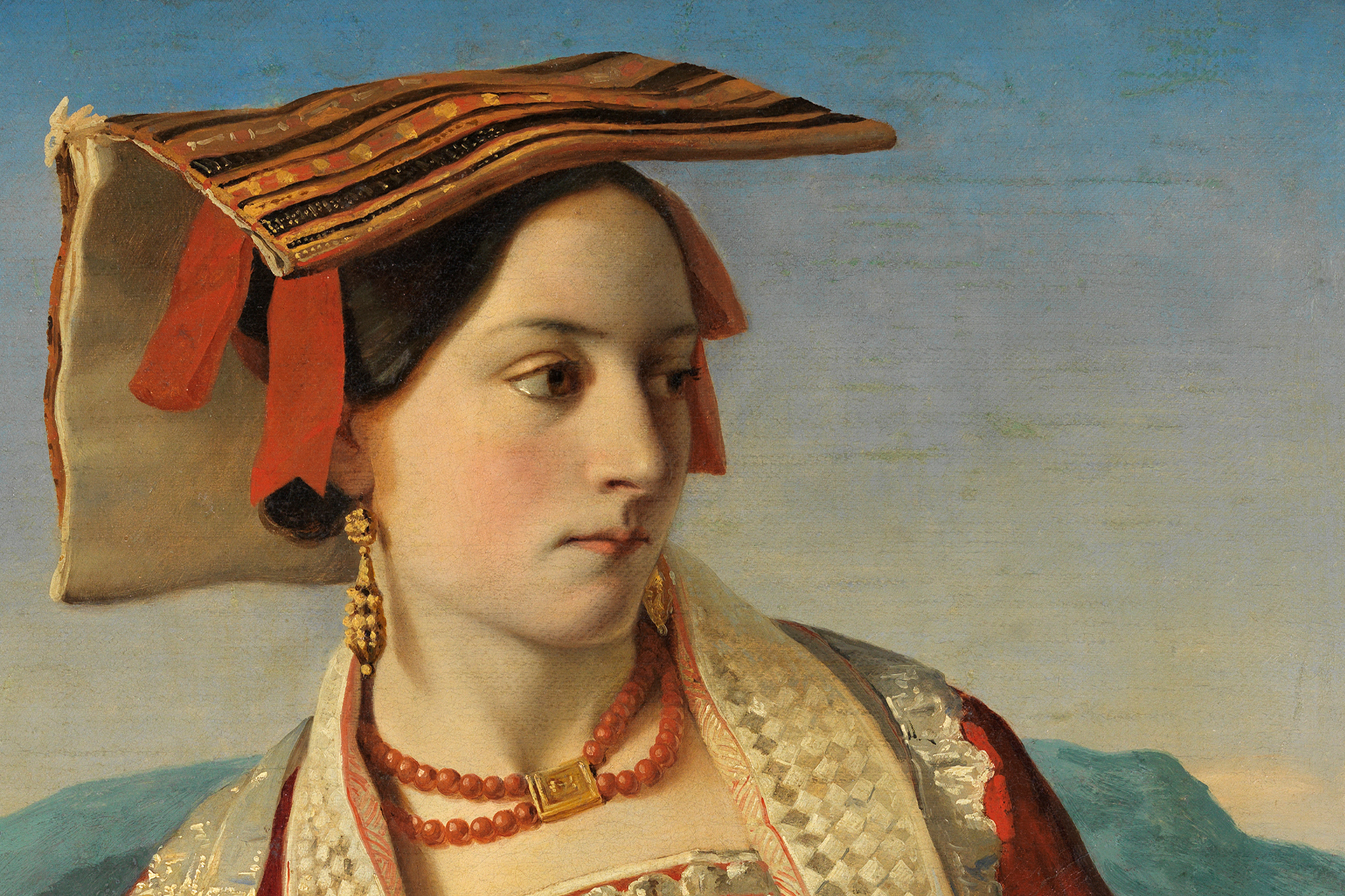 Porträt einer jungen Römerin in italienischer Tracht mit Kopfbedeckung und Schmuck.