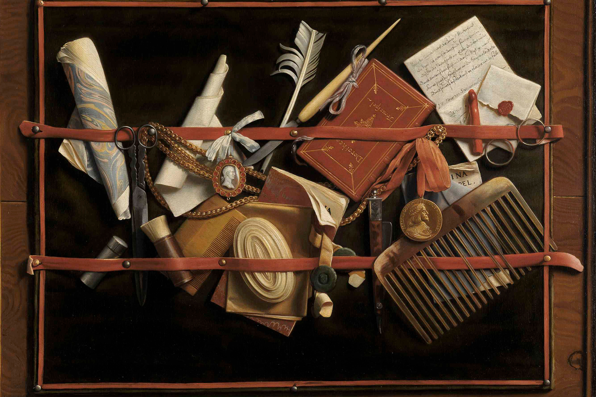 Abbildung des Gemäldes "Augenbetrüger-Stillleben" mit zahlreichen abgebildeten Accessoires des Künstlers.