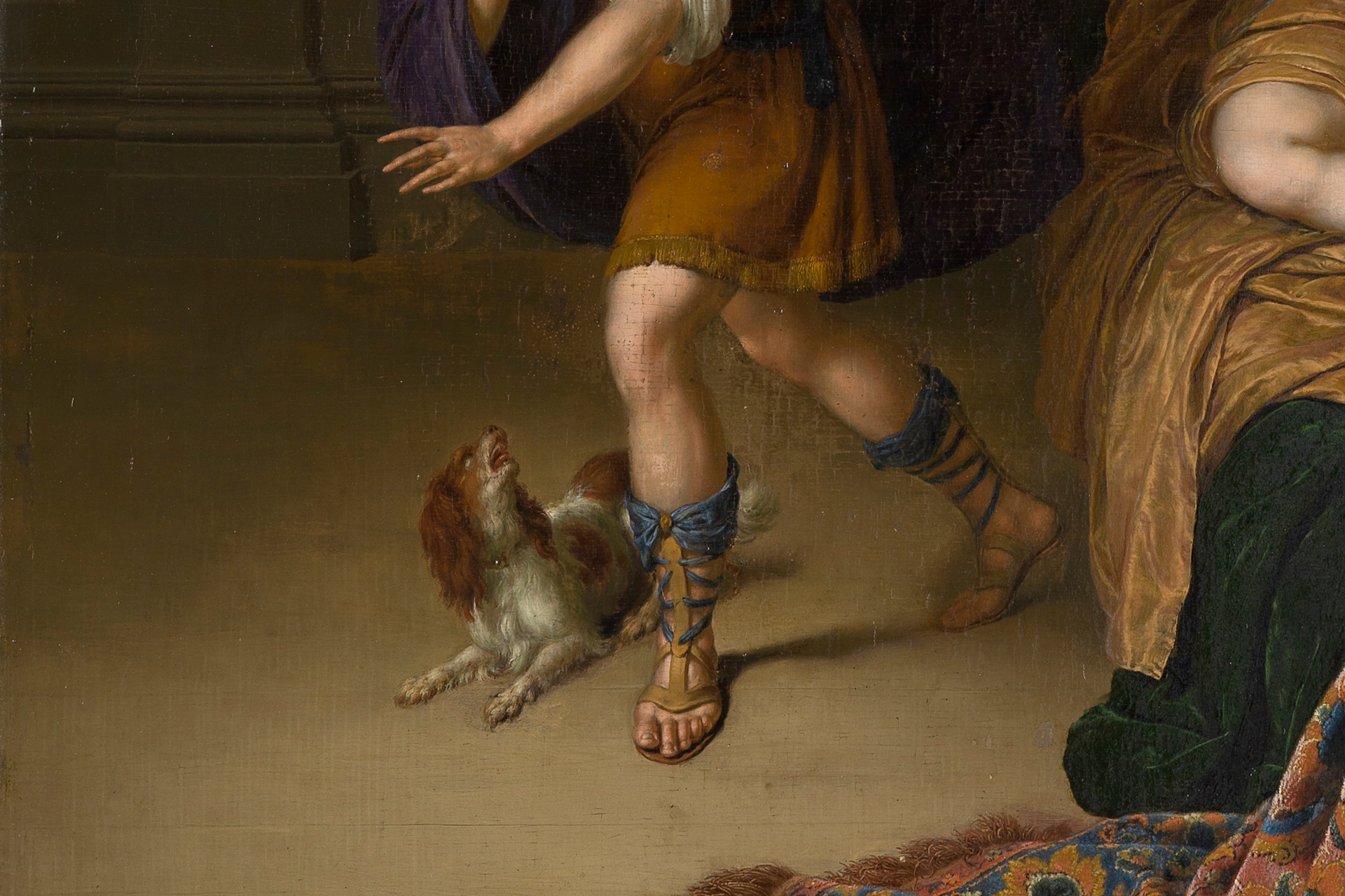 Detailausschnitt aus dem Gemälde "Joseph und die Frau des Potifar". Zu erkennen sind die Sandalen von Joseph und ein kleines Hündchen.