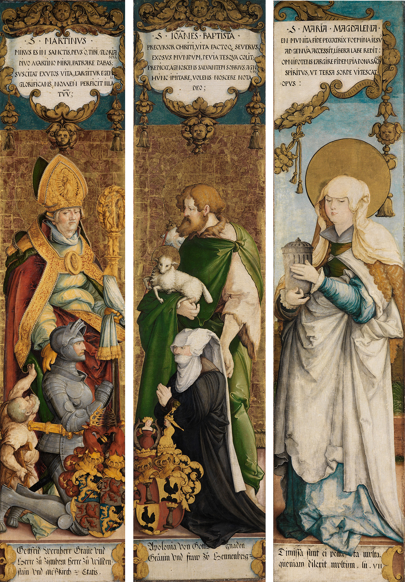 Abbildung der drei Innentafeln des Altars der Kirche St. Martin in Meßkirch, auf denen das Stifterpaar mit den Heiligen St. Martin und einem Bettler sowie Johannes dem Täufer zu sehen ist sowie die abgespaltene Rückseite des Altarbildes, die Maria Magdalena zeigt.