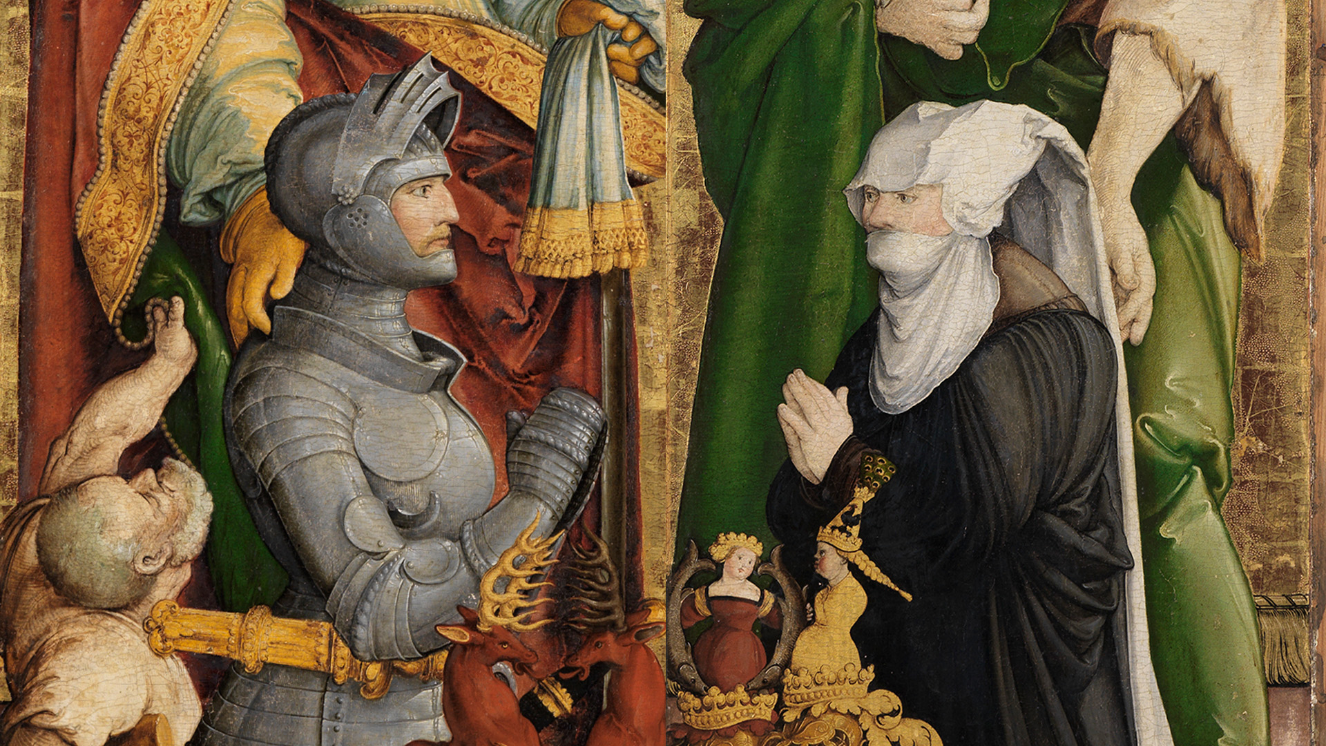 Gegenüberstellung des als Ritter dargestellten Auftraggebers Graf Gottfried Werner von Zimmern und seiner Frau Apollonia von Henneberg