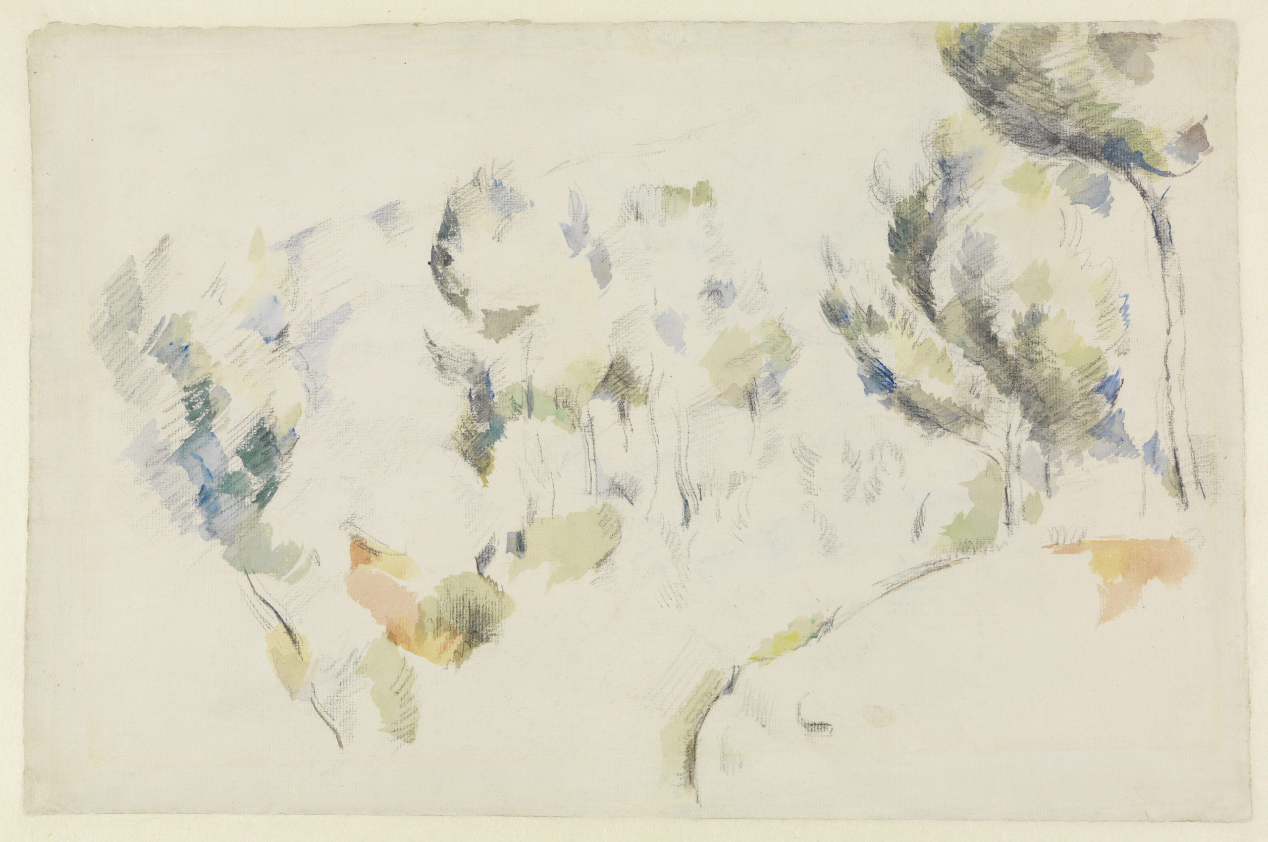 Aquarell von Paul Cézanne. Locker gezeichnete Bäume mit dynamisch wirkenden Aquarelltupfen in blau und grün.