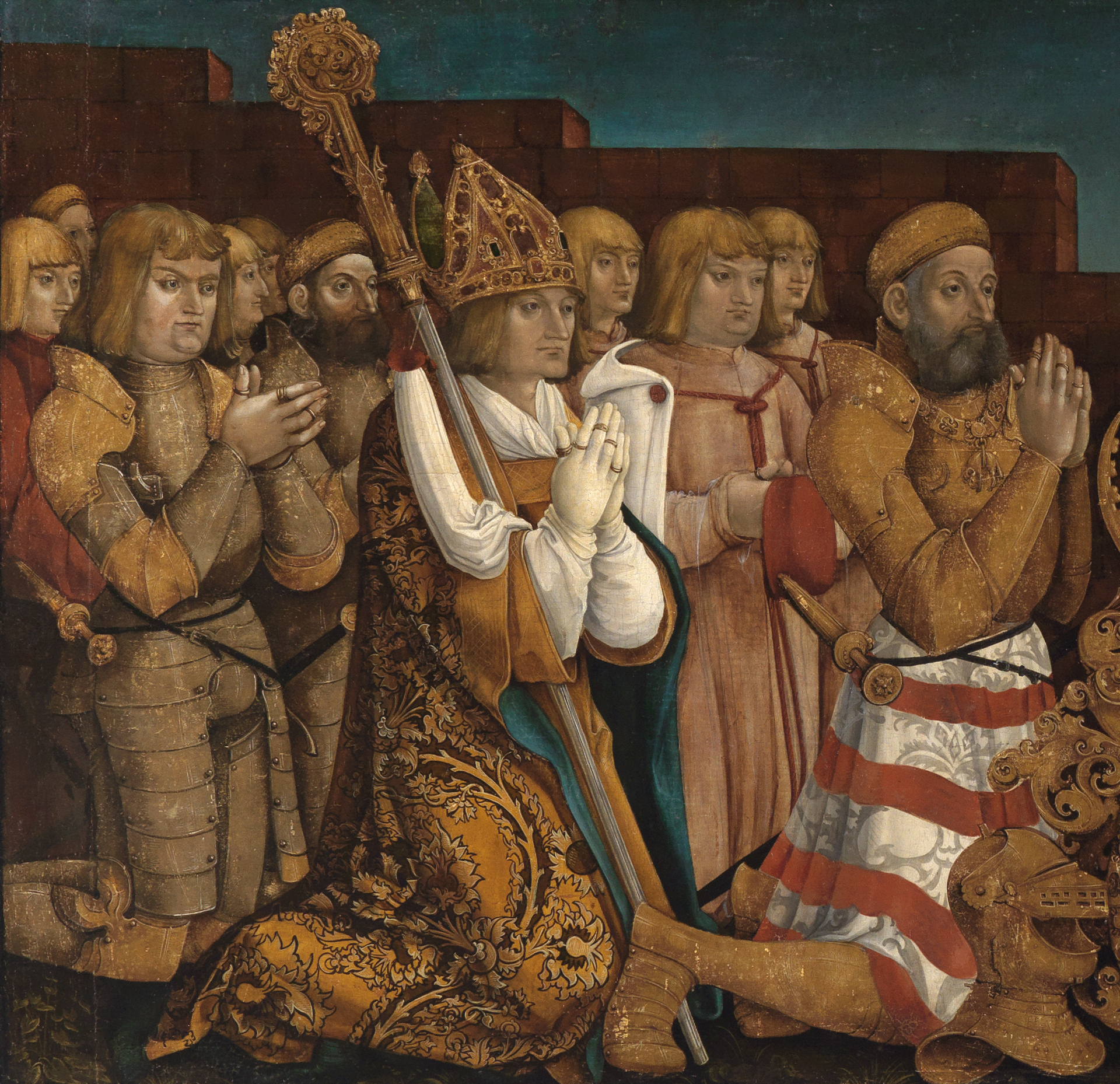 Detail der Markgrafentafel von Hans Baldung. Dem Rang nach gestaffelt knien Markgraf Christoph der Erste von Baden und seine zehn Söhne im Gebet.