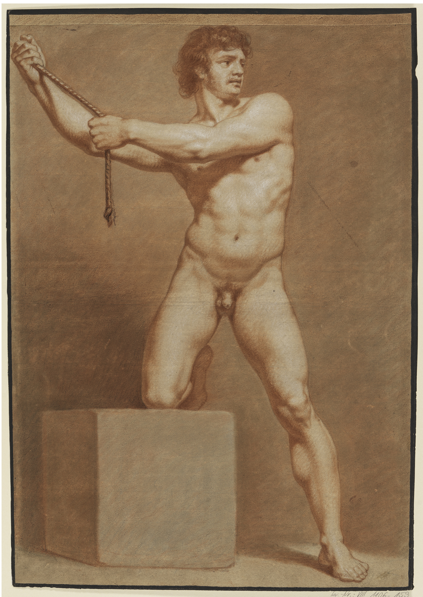 Stehender, rechtes Knie mit abgewinkeltem Bein auf einem Quader aufgestützt, mit beiden nach links gewendeten Armen ein Seil haltend (13 Blätter mit verschiedenen Aktstudien nach A. R. Mengs, Blatt 4)