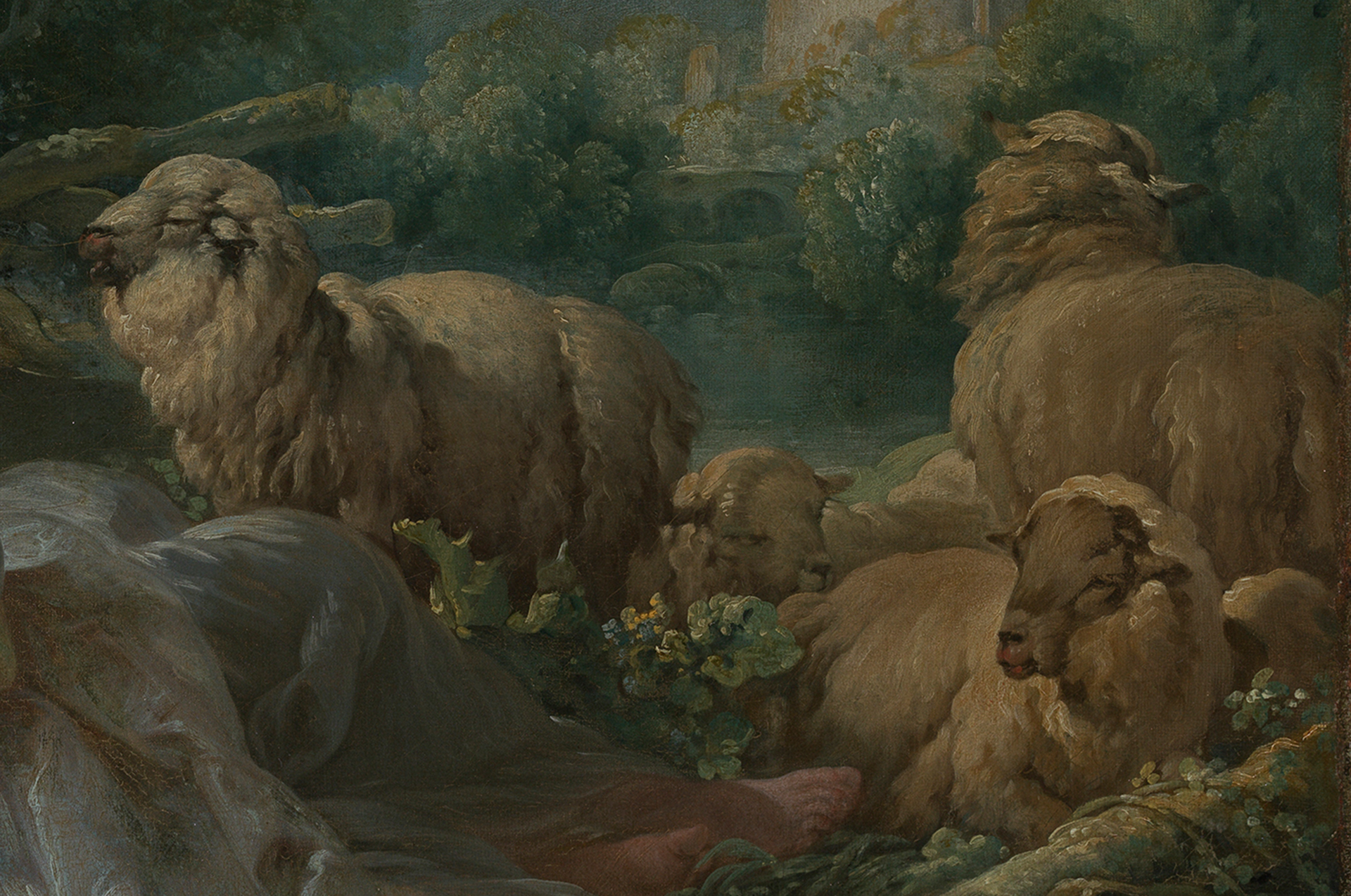 Ausschnitt aus einem Gemälde von François Boucher: Zwischen Pflanzen und vor einer lichten grünen Landschaft stehen und kauern Schafe.