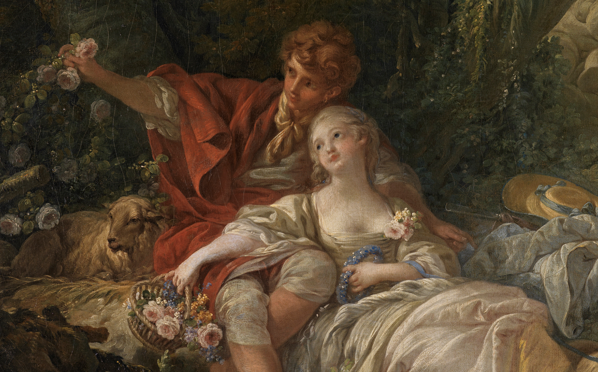 Ausschnitt aus einem Gemälde von François Boucher: Eine junge Frau liegt an einen jungen Mann gelehnt. Beide blicken träumerisch zur Seite und sind umgeben u. a. von Blumen und einem Schaf.