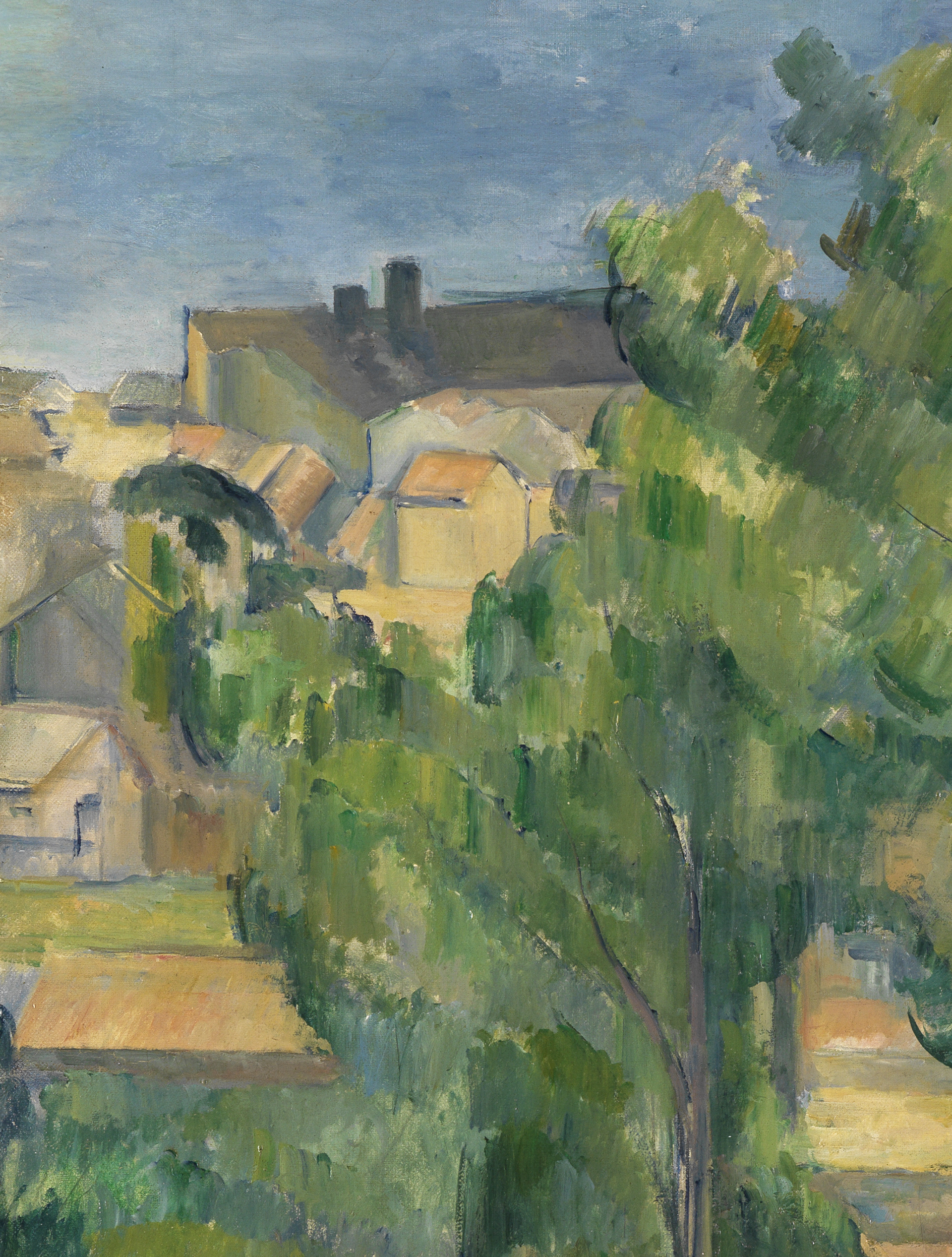 Detail des Gemäldes Blick auf das Meer bei L’Estaque von Paul Cézanne. Nahansicht Baumkronen, dahinter Blick auf die Häuser eines Dorfes.