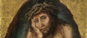 Albrecht Dürers Schmerzensmann. Detail: Christus mit Dornenkrone stützt seinen Kopf leidend auf die Hand.