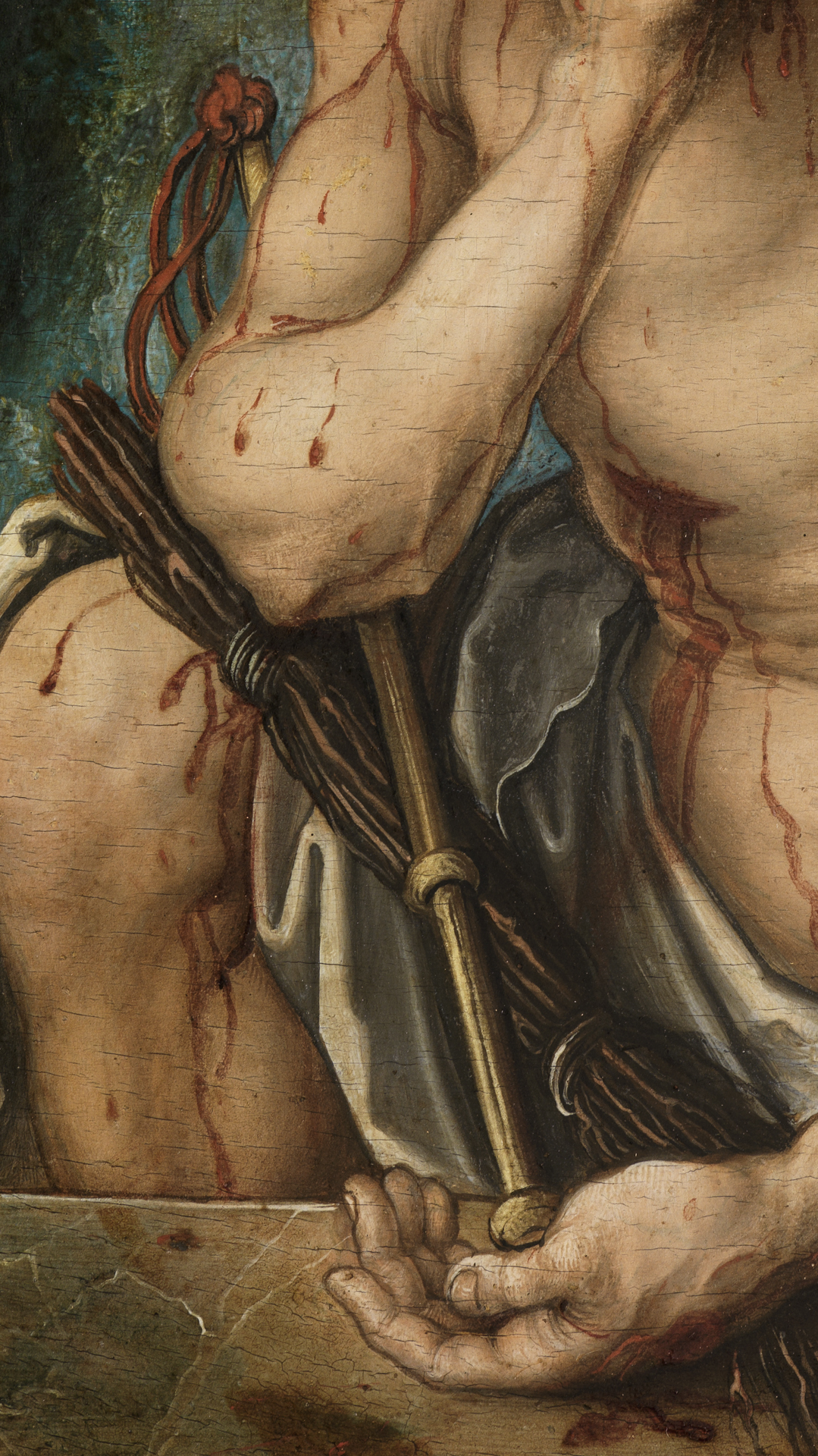 Albrecht Dürers Schmerzensmann. Detail: Körper Christi, blutüberströmt, mit Marterwerkzeug.