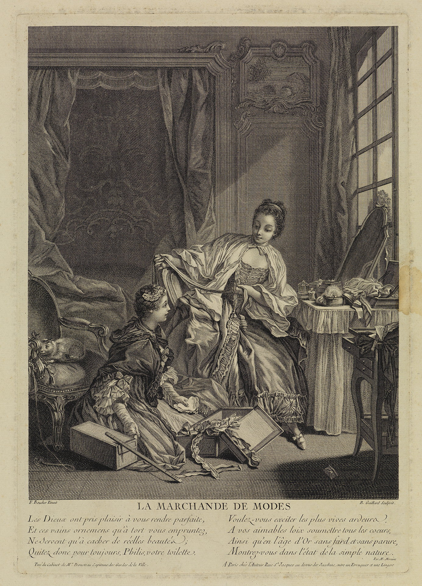 Kupferstich nach einem Gemälde von François Boucher: In einem Zimmer mit hochwertigen Möbeln kniet eine Frau vor Kisten mit Modeaccessoires. Neben ihr sitzt eine reich gekleidete Frau und begutachtet einzelne Stücke.