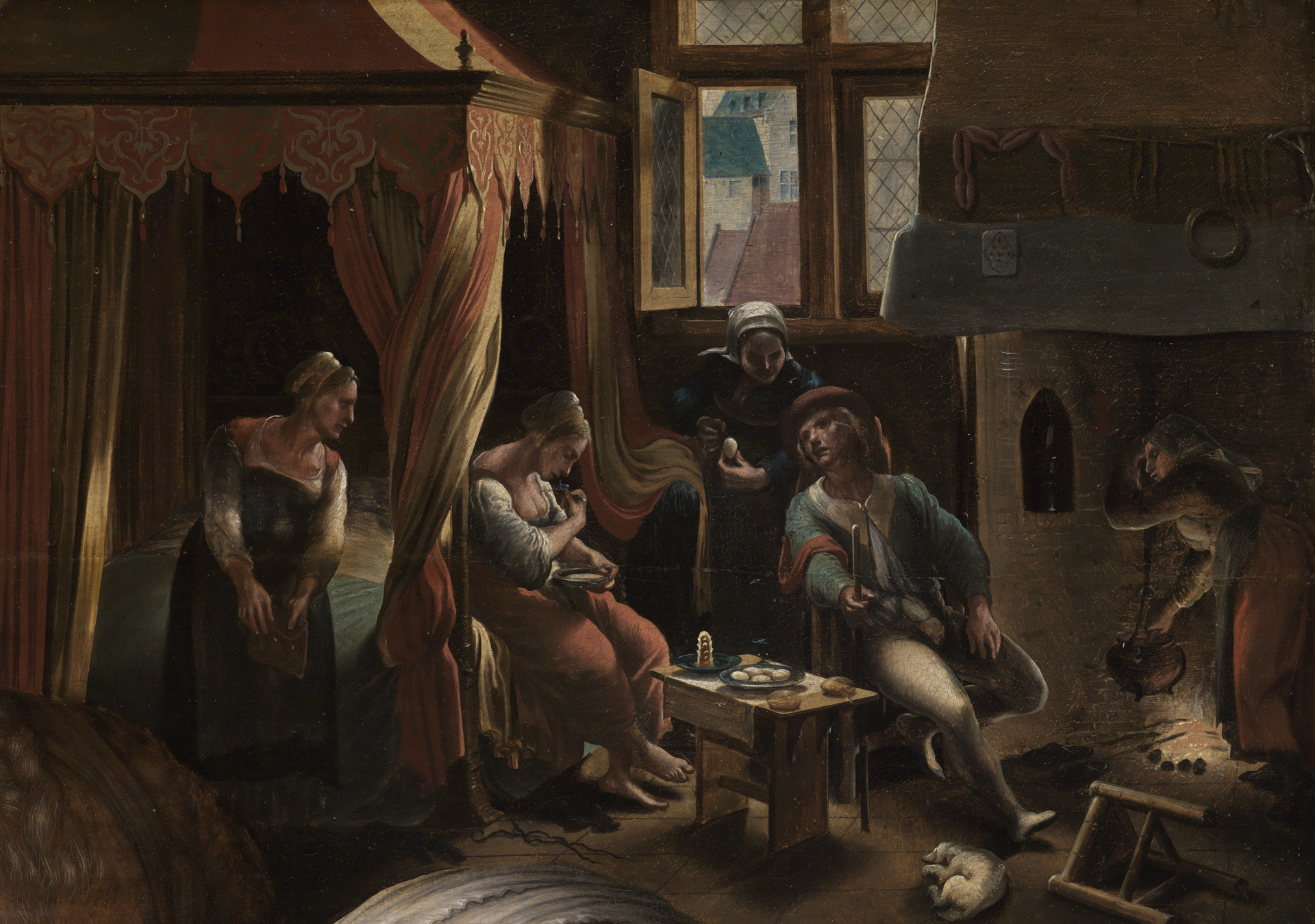 Detail des Gemäldes Lockere Gesellschaft von Jan van Hemessen. Fünf Personen sitzen in einem Raum mit Himmelbett und Kamin gesellig zusammen.