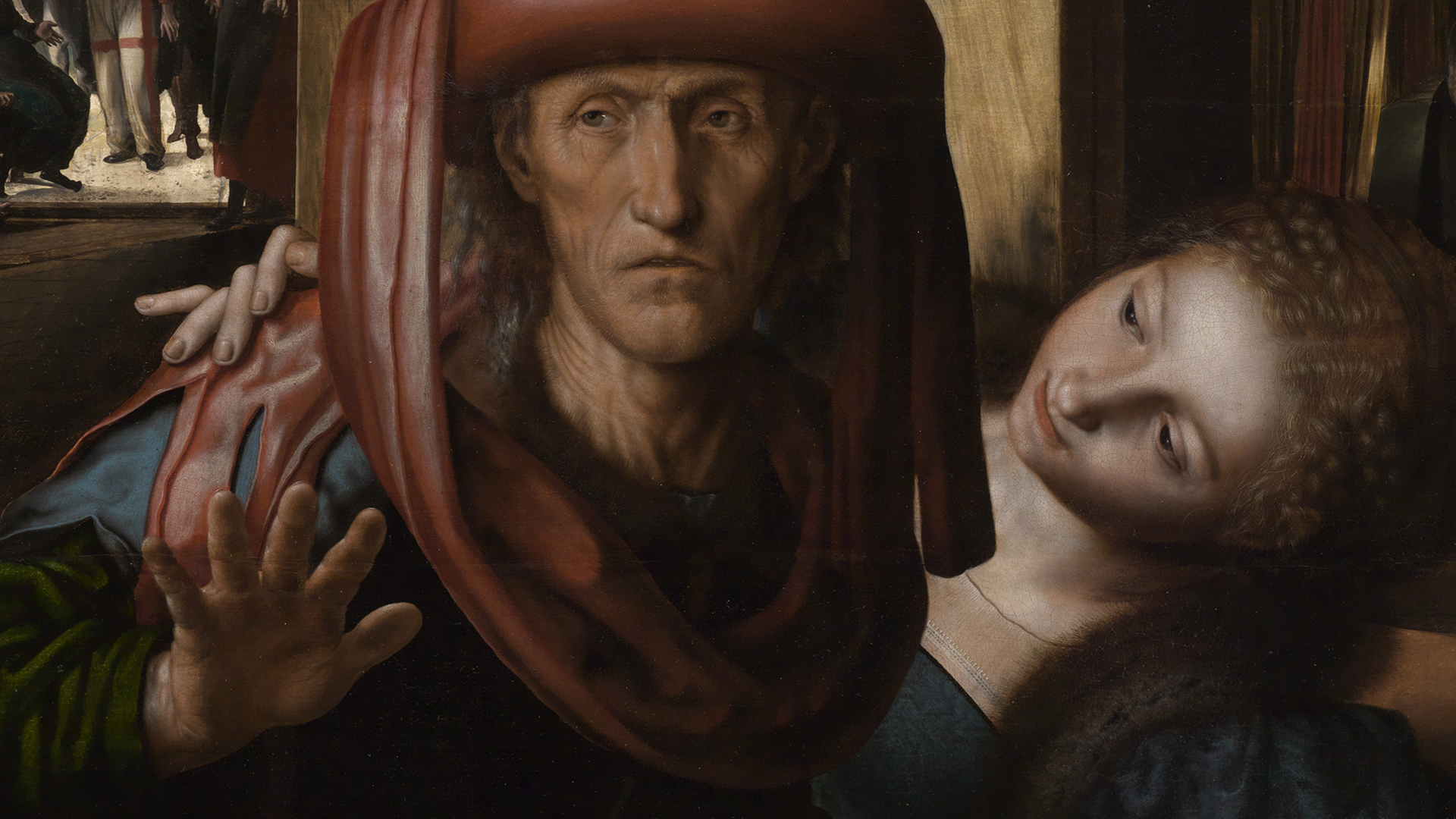 Detail des Gemäldes Lockere Gesellschaft von Jan van Hemessen. Älterer Mann weist Annäherungsversuche einer hübschen jungen Frau ab.