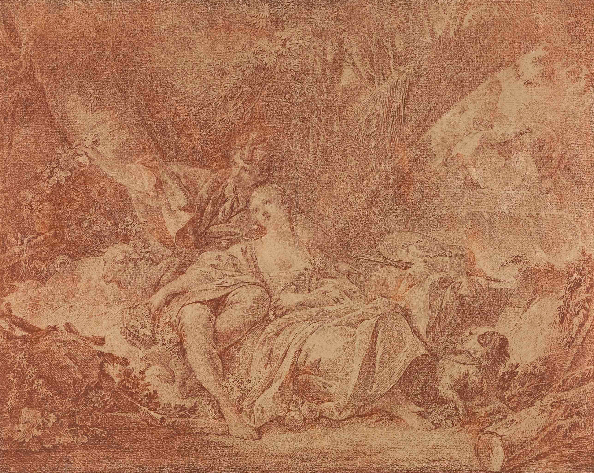 Rötelzeichnung von Karoline Luise von Baden. Eine getreue zeichnerische Wiedergabe von François Bouchers Gemälde eines Schäfers und einer Schäferin.