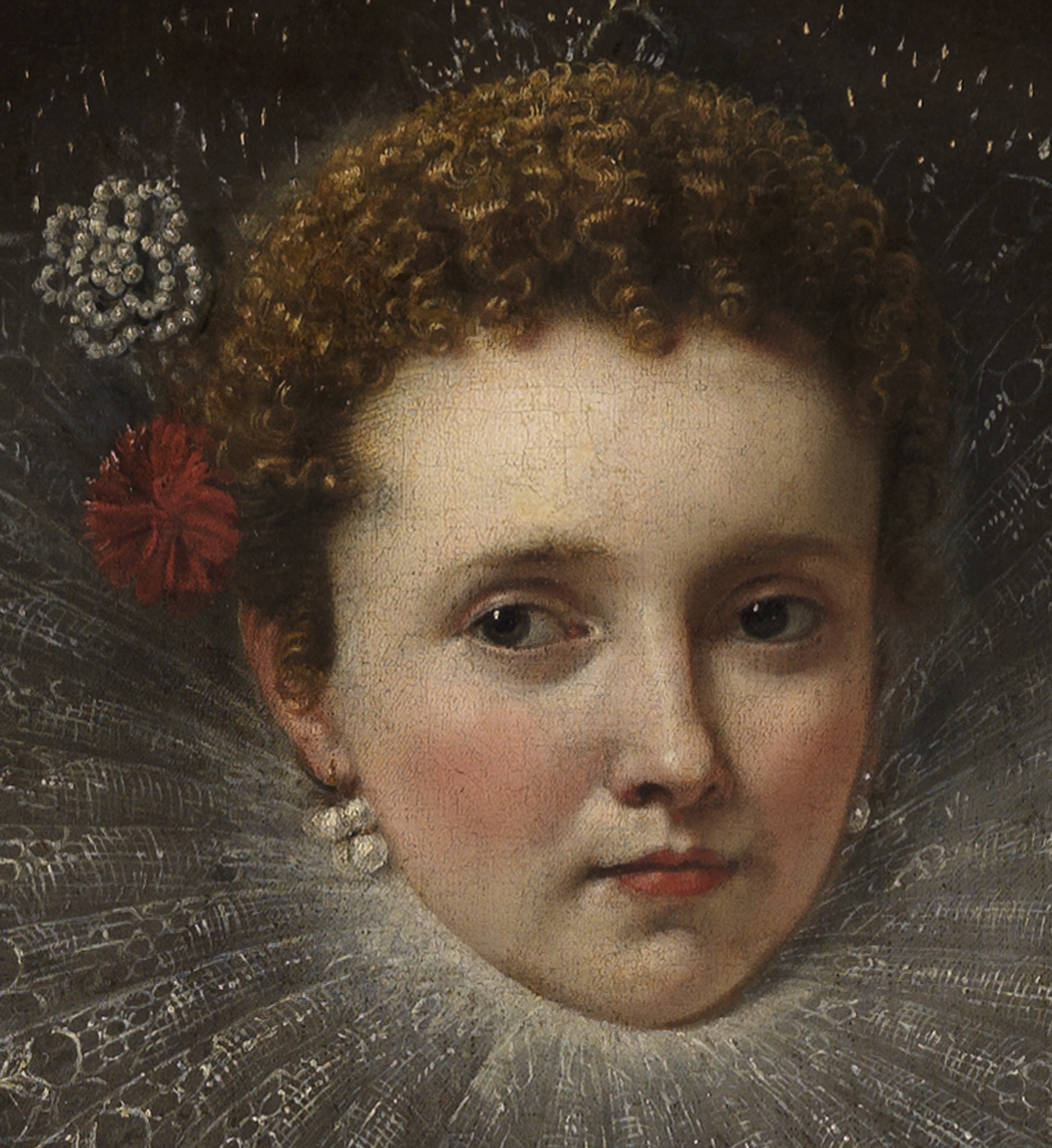 Ausschnitt aus dem Bildnis der Veronica Spinola Serra von Peter Paul Rubens zeigt: Den Kopf der Dame, von einem prächtigen Spitzenkragen umgeben.