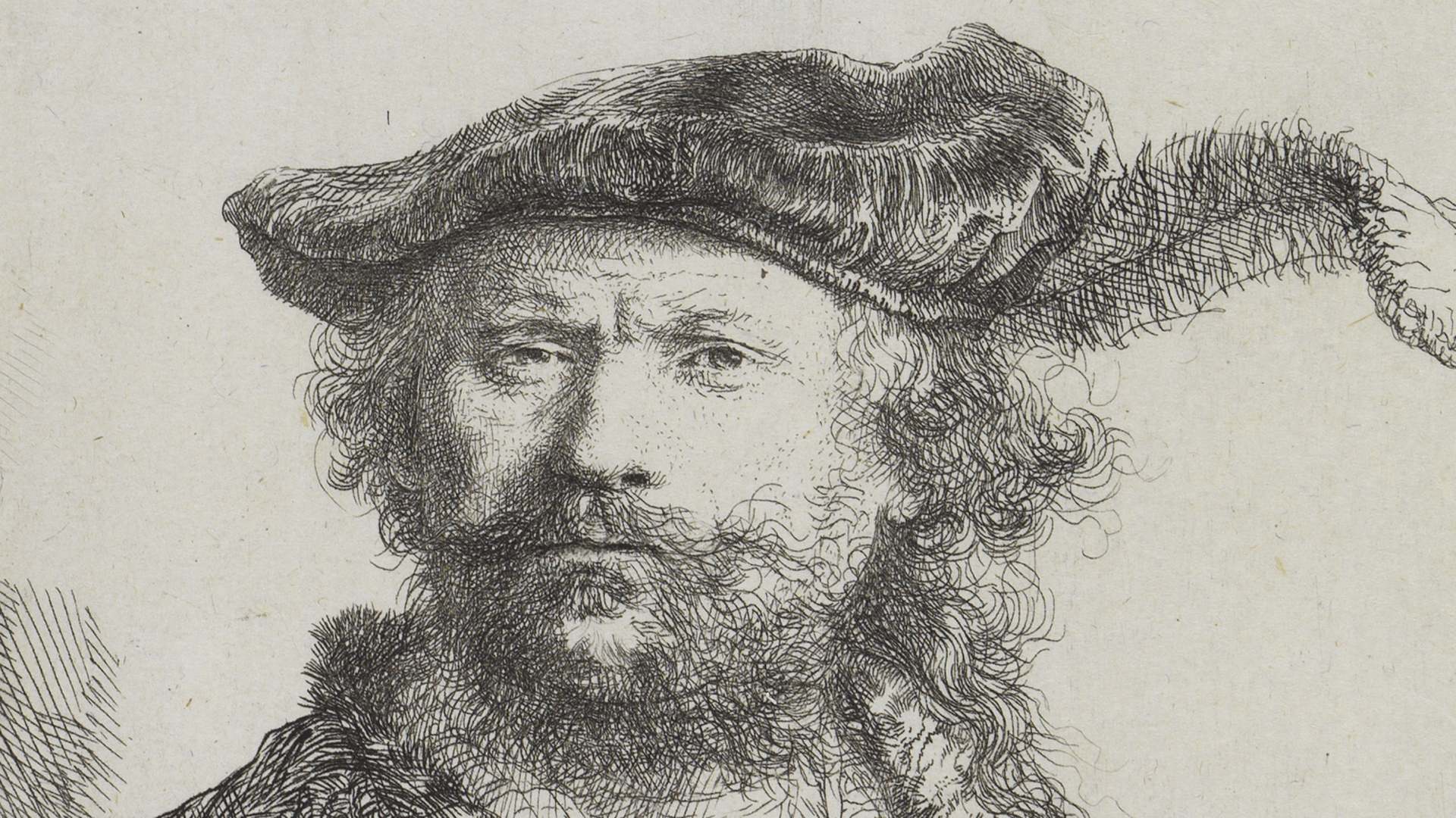Detail-Ausschnitt aus Radierung Rembrandts. Selbstbildnis mit federgeschmücktem Barett.