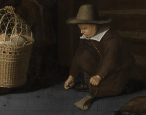 Ausschnitt aus Adriaes van Gaesbeecks Gemälde: Kleiner Junge mit Hut spielt am Boden mit Murmeln.