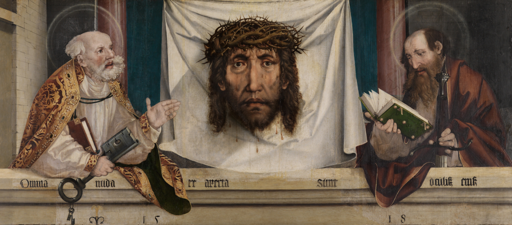 Painting by Martin Schaffner: The face of Christ with a crown of thorns is depicted on the Veil of Veronica. The apostles Peter and Paul are on the right and the left.