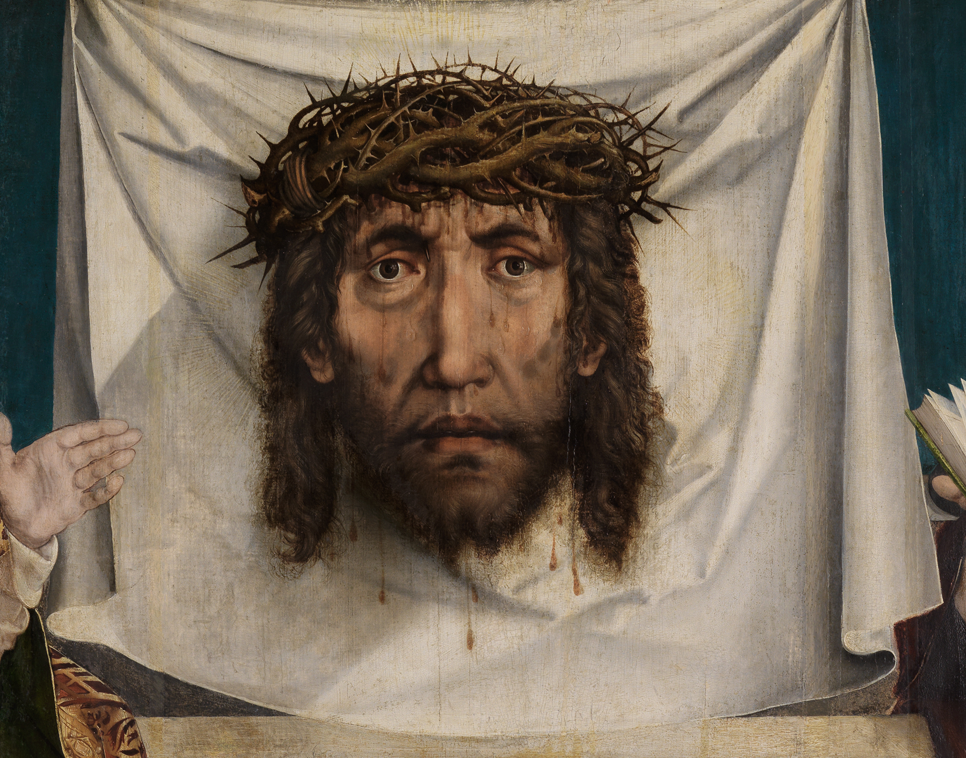 Detail from Martin Schaffner's painting: Christ's head with the crown of thorns appears to float in front of the veil.