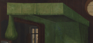 Ausschnitt aus dem Lichtenthaler Altar: Grüner Betthimmel mit Beutel und Gardinenstange.