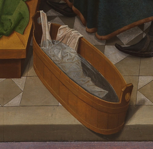 Ausschnitt aus dem Lichtenthaler Altar: Holzbottich mit Wasser und Tuch.