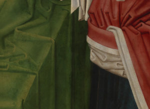 Ausschnitt aus dem Lichtenthaler Altar: Bettstoff in Grün und Gewandstoff in Rot mit weißer Borte nebeneinander.