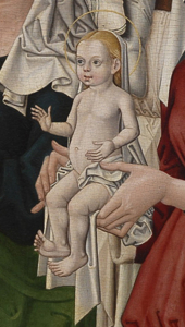 Ausschnitt aus dem Lichtenthaler Altar: Maria als Baby mit Heiligenschein sitzt in den Händen einer Frau.