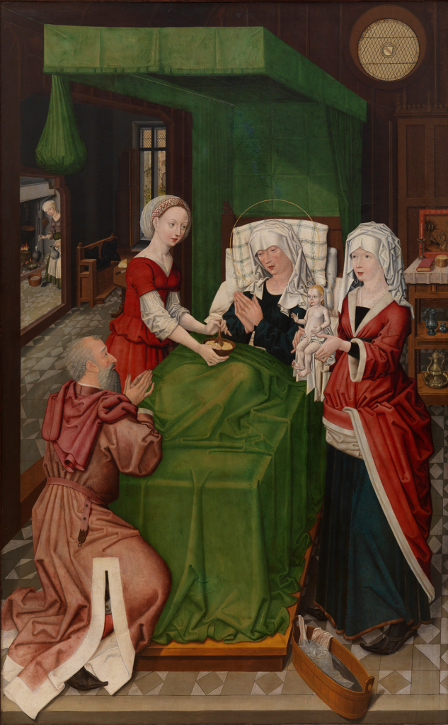 Flügel des Lichtenthaler Altars. Die Geburt Mariens in mittelalterlichem Innenraum.