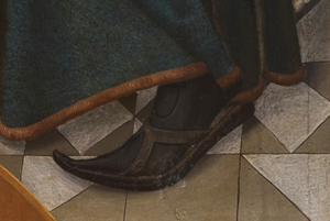 Ausschnitt aus dem Lichtenthaler Altar: spitzer mittelalterlicher Schuh.