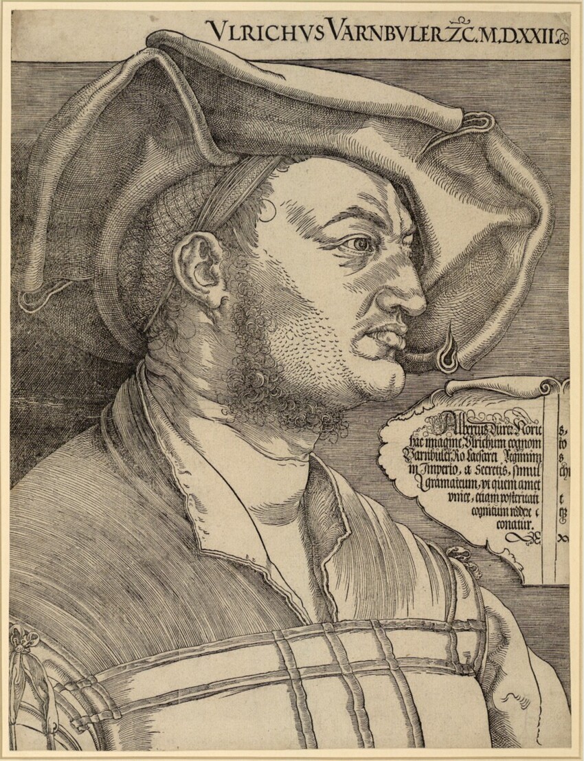 Holzschnitt von Albrecht Dürer. Portrait des Ulrich Varnbüler: ein Mann mit markanten Gesichtszügen, ein Barett schräg auf dem Kopf, der zur Seite blickt.