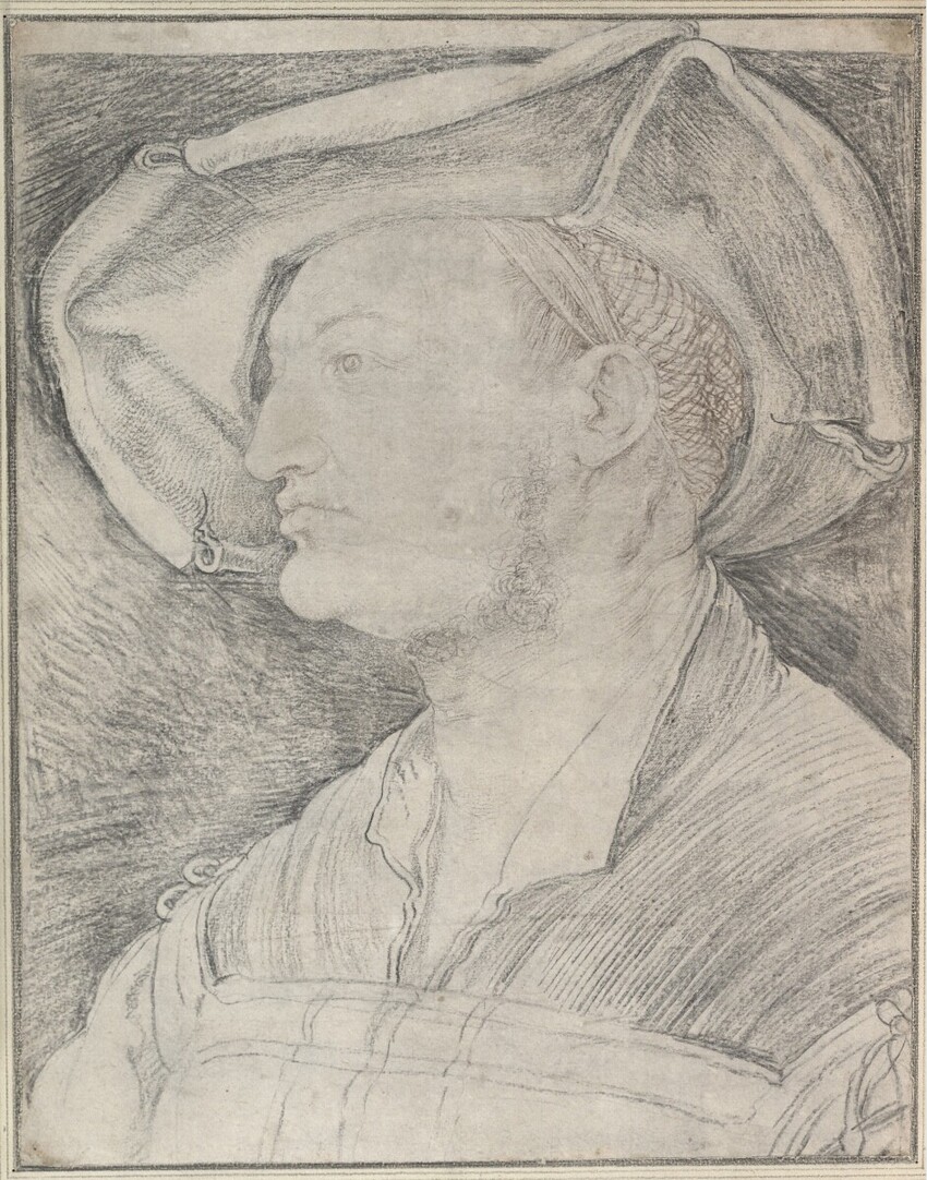 Zeichnung von Albrecht Dürer. Mit Silberstift und Kreide ist Ulrich Varnbüler portraitiert. Ein Mann mit markanten Gesichtszügen, ein Barett schräg auf dem Kopf, der zur Seite blickt.