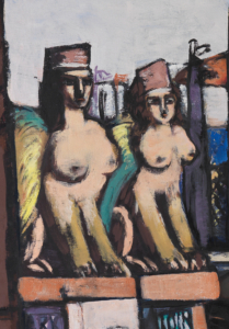1: Ausschnitt aus Max Beckmanns Gemälde Abtransport der Sphinxe. Zwei Sphinxen mit Hüten, daneben Nationalflagge Hollands in Rot, Weiß und Blau.