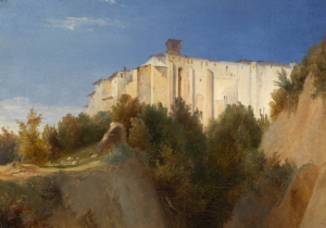 Detail from Carl Blechen's painting View of the Santa Scolastica Monastery near Subiaco. Overgrown rocks with grazing animals and towering buildings against a blue sky are illuminated by the sun.