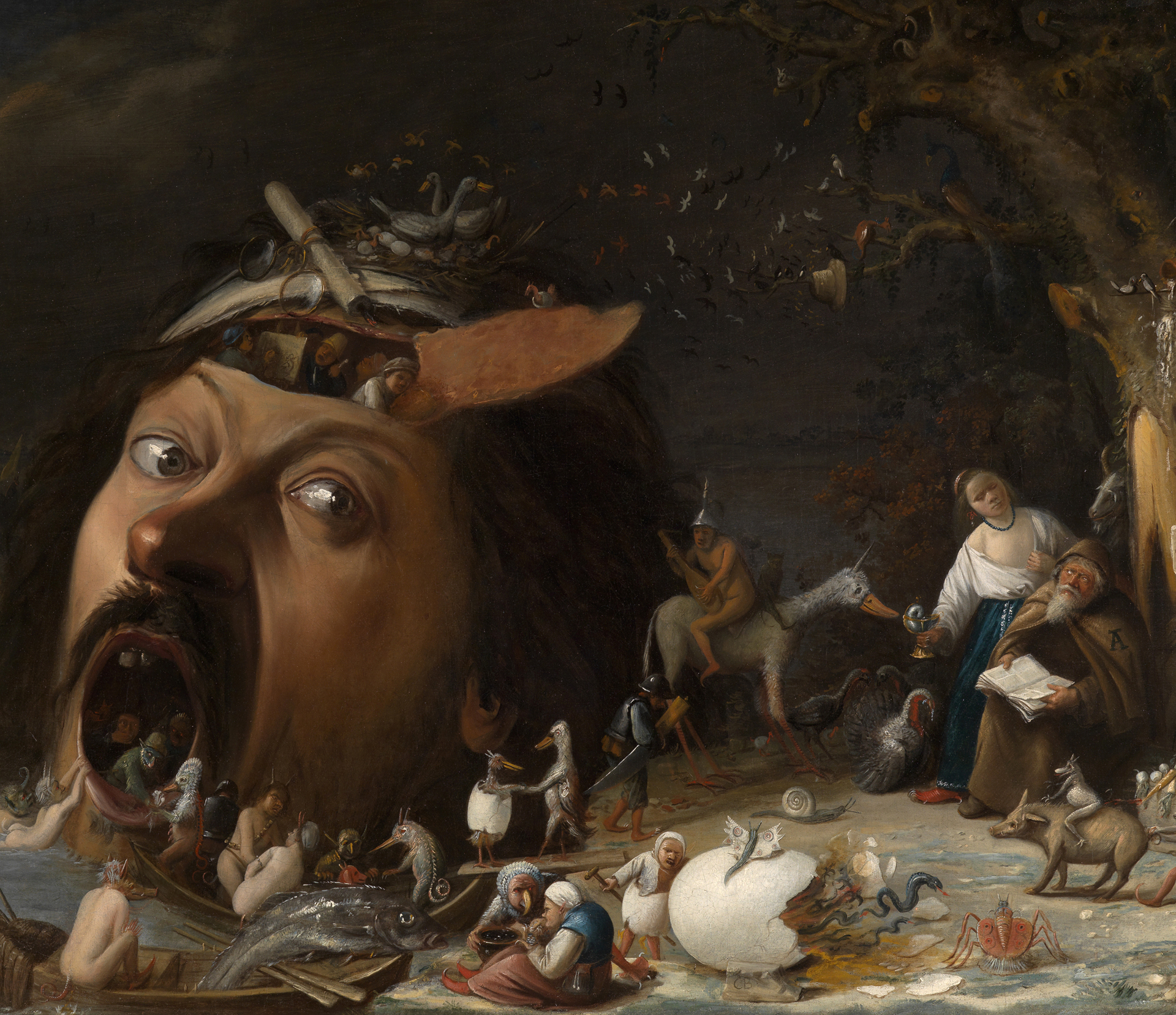 Auf dem Gemälde des Künstlers Joos van Craesbeeck: erkennt man links einen Kopf eines Mannes mit aufgerissenem Mund. Aus dem Mund kommen allerhand Monster. Rechts sitzt ein Mönch an einem Baum. Neben ihm steht eine Frau und entblößt ihr Dekolletee.