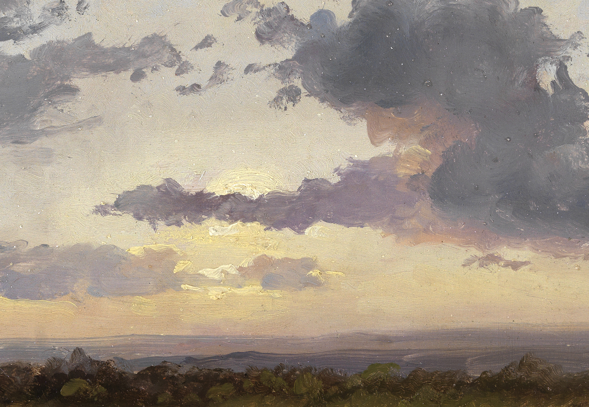 Oil study by Johan Christian Clausen Dahl, sky with sun behind clouds over landscape.